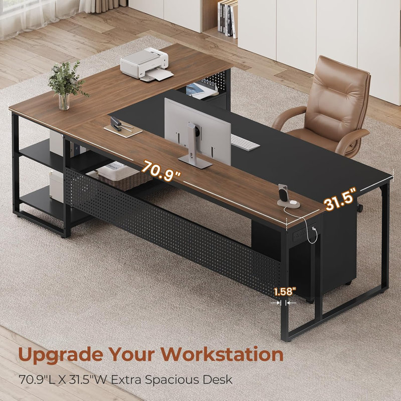 71" L-Shaped Executive Desk with Mobile File Cabinet and Power Outlets, Walnut
