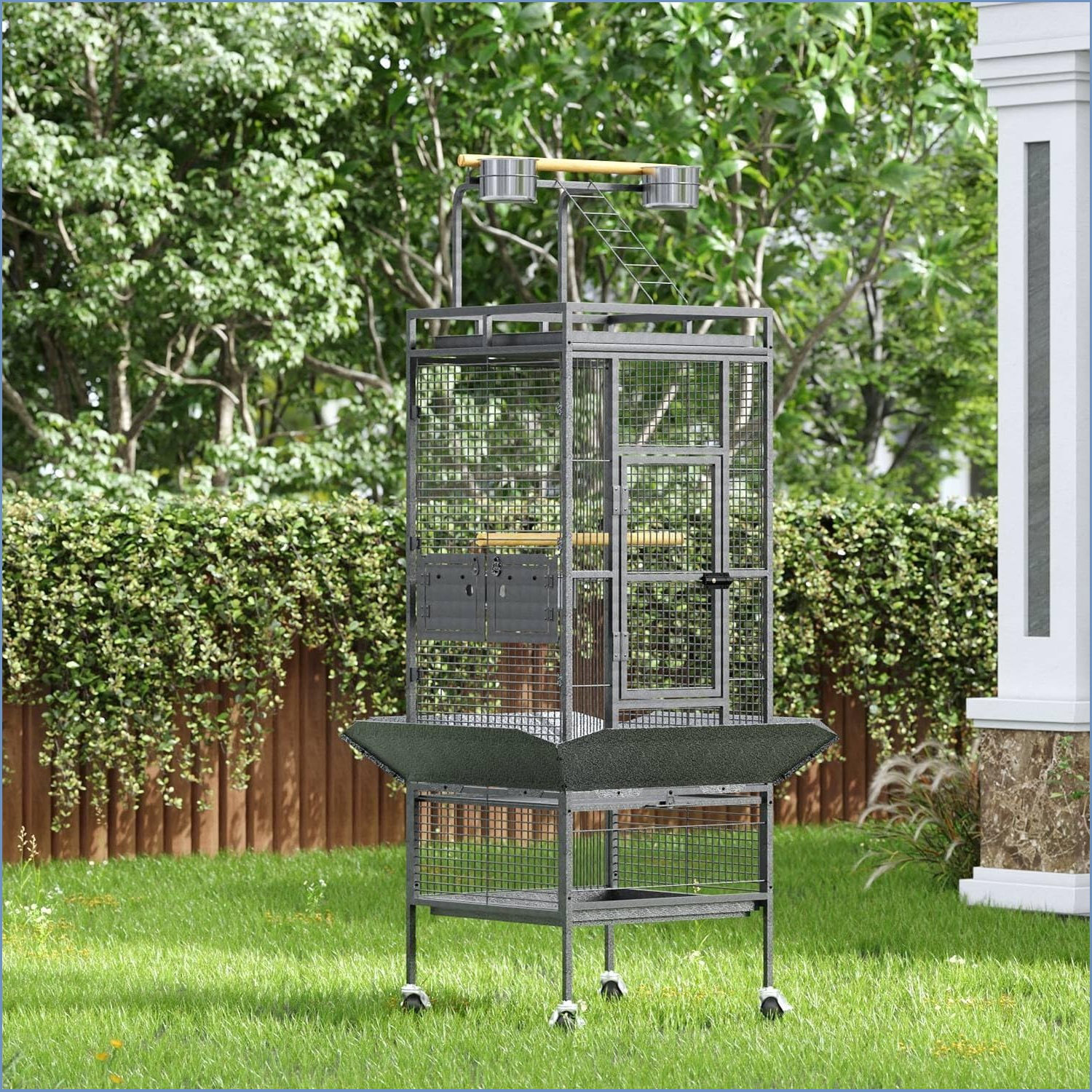 17 Stories Large Bird Cage With Rooftop Playground & 360° Casters ...