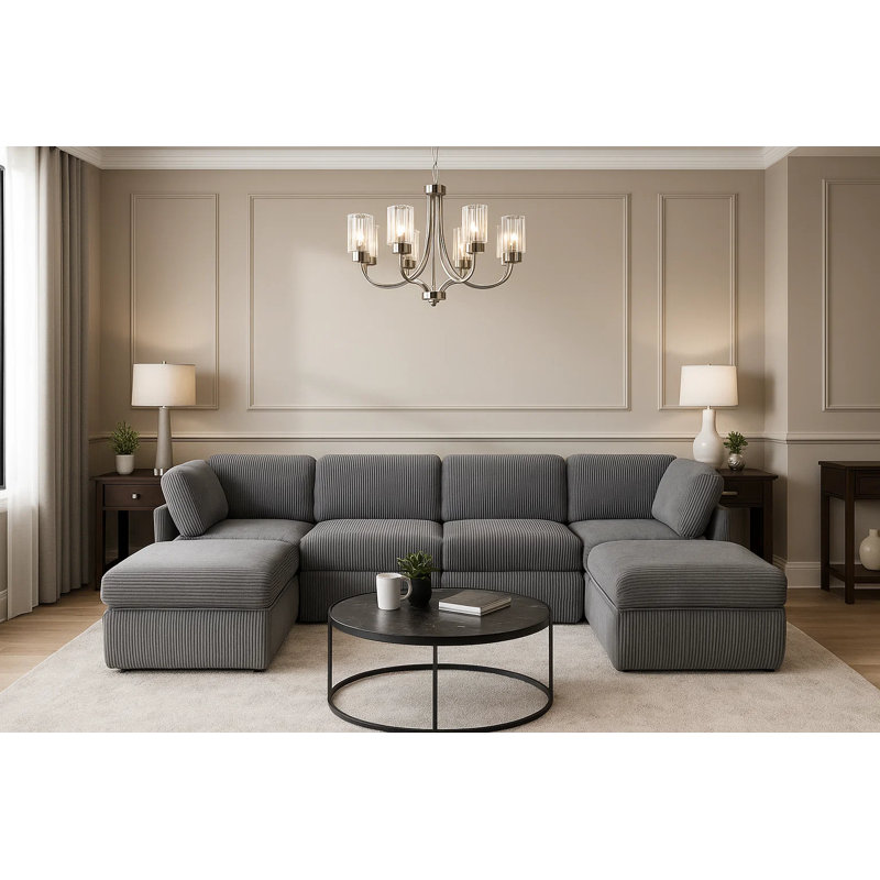 131″ Modern Corduroy Modular Sectional Sofa – 6-Piece U-Shaped Oversized Couch with Ottomans in Light Gray
