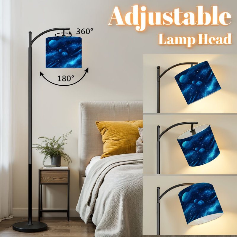 Arc Floor Lamp with Adjustable Lampshade Cosmic Blue Galaxy Planets Stars Nebula Clouds Standing Lamp 3 Color Temperatures Dimmable Tall Pole Lamp with Foot Switch for Bedroom