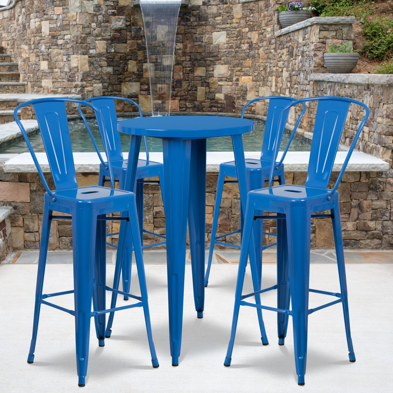 Williamston Round Metal Indoor-Outdoor Bar Table Set with 4 Cafe Stools, 41" H x 30" W x 30" L, Blue