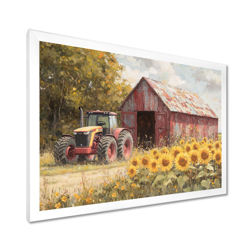 Dobrinka Sunflowers and The Tractor Shed IV - Sunflowers, art mural, H 30 po x l 40 po, Picture Framed, Blanc