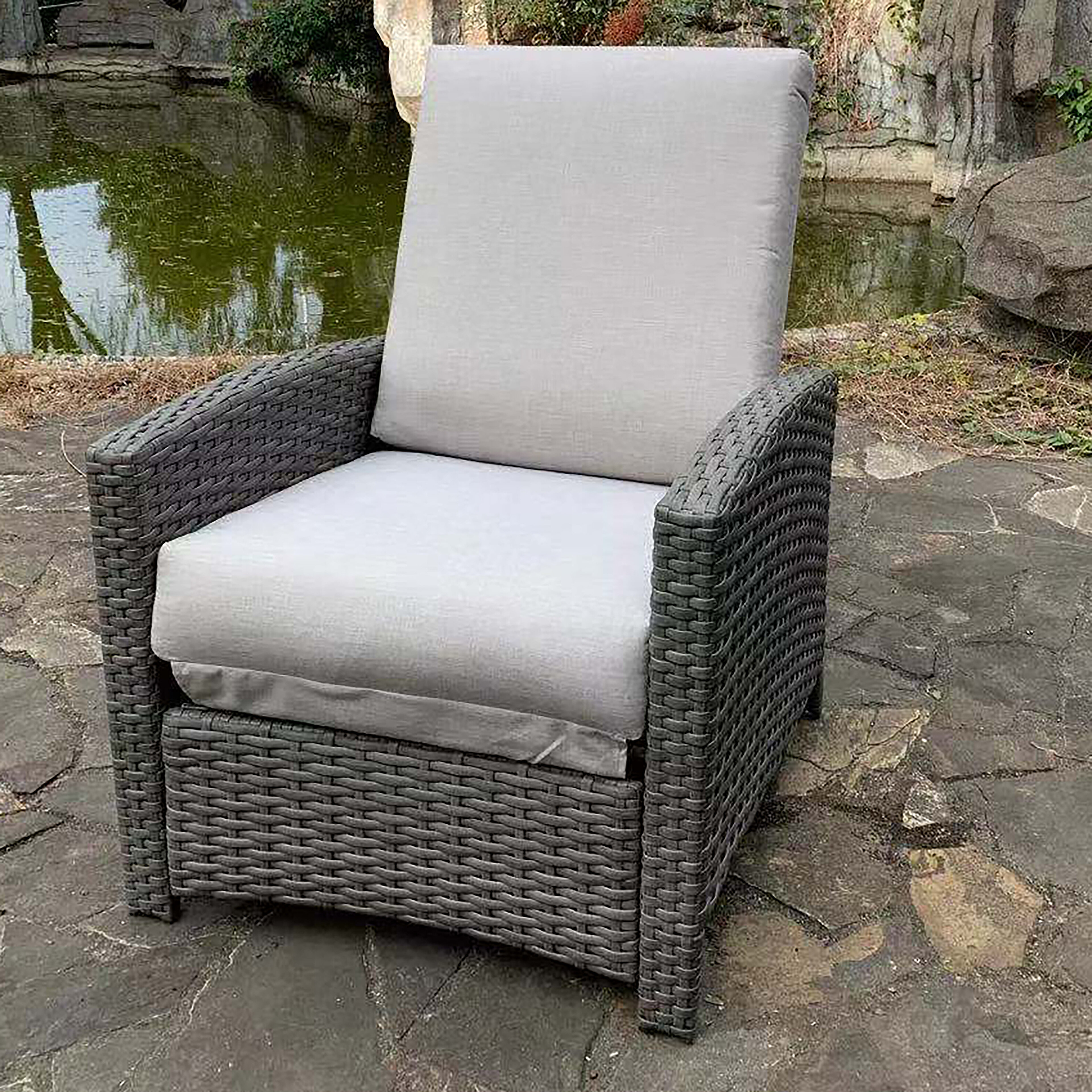 Eske Swivel Recliner Patio Chair with Cushions Corrigan Studio Color: Brown Frame/Blue Cushion