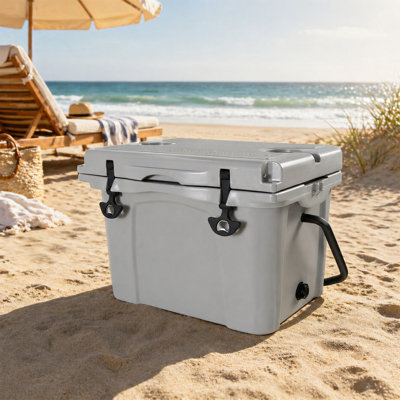 Grey Plastic Coastal 25Qt Insulated Cooler With 5 To 7 Day Ice Retention For Beach Camping Fishing