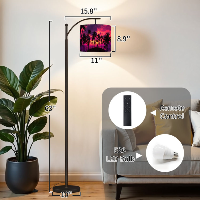 Lampe sur pied à arc avec abat-jour réglable Cocotiers tropicaux, plage, île, coloré, coucher de soleil, lampe sur pied, 3 températures de couleur, intensité variable, grand lampadaire avec interrupteur au pied pour la chambre à coucher