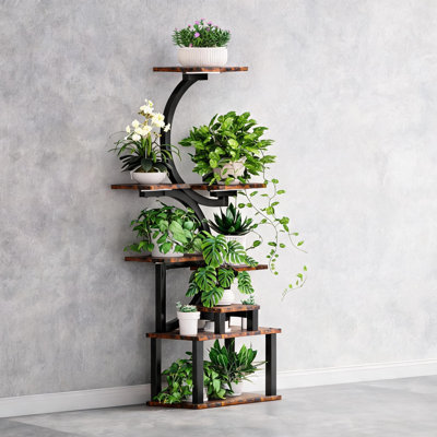 Dimmable Grow Light 8-Tier Plant Display Stand for Indoor Use, Rich Brown MDF and Metal Storage Shelving for Living Room and Garden