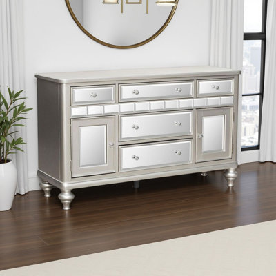 Jomo Sideboard Buffet Console, Mirror Front, 5 Drawers Silver, 57 Inch