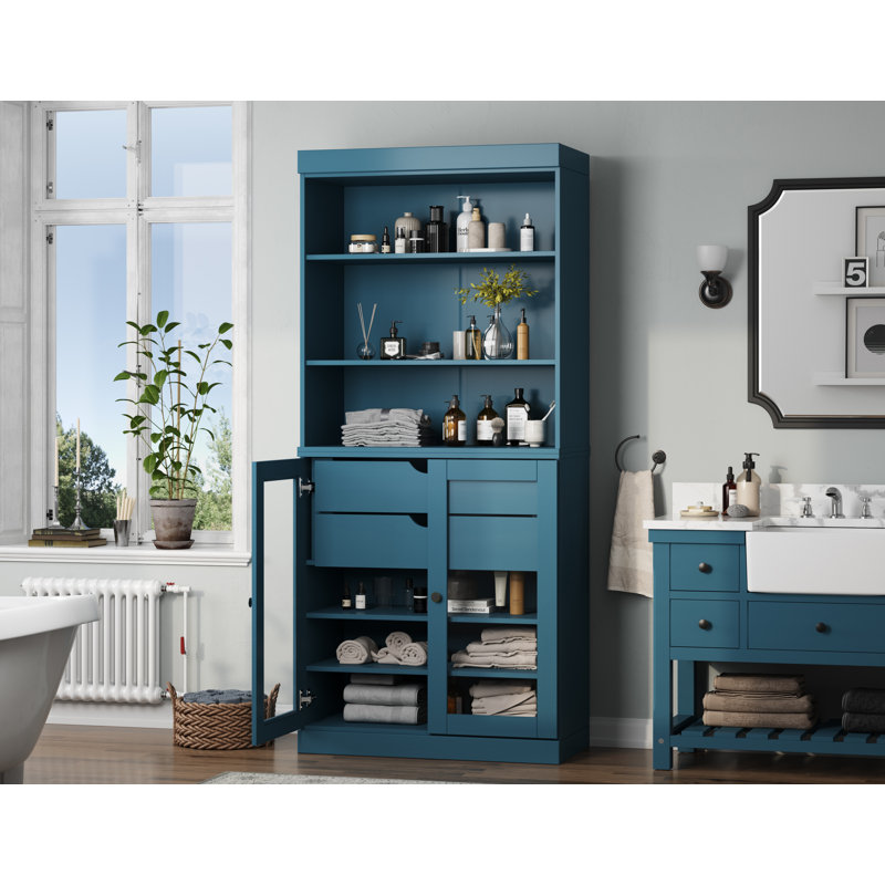 Armoire de salle de bain autoportante 100% bois massif 32 po avec portes en verre transparent, 2 tiroirs et tablettes réglables - Rangement de salle de bain moderne
