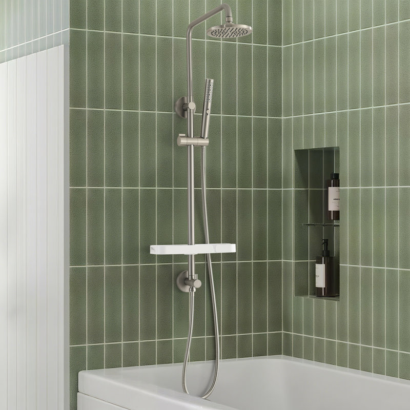 38" H Wall Mounted Stainless Steel Rainfall Shower Combo With Height Adjustable Handheld Shower and Storage Shelf