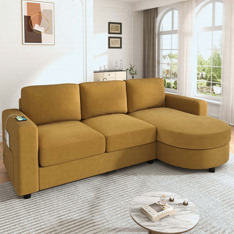 84.6" L-Shaped Sectional With Curved Chaise, USB Ports & Side Storage Pockets, Yellow