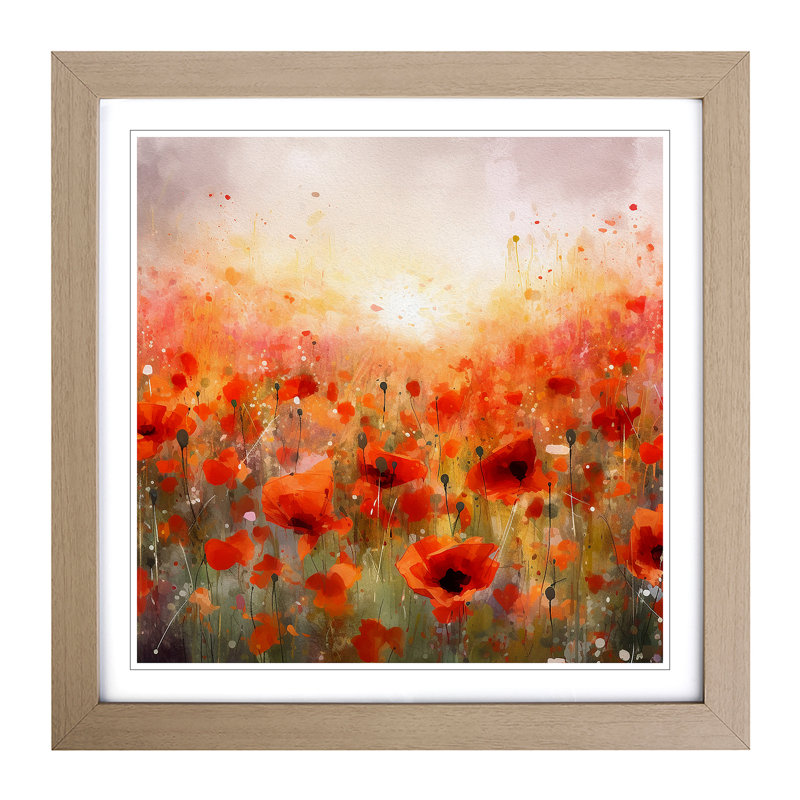 Poppy Field Splatter No.3 - Single Picture Frame Print on Wood, Oak