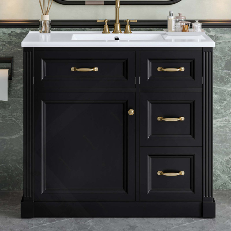 Meuble-lavabo de salle de bain avec lavabo, armoire avec 4 tiroirs, porte à fermeture en douceur et tablette réglable, lavabo en céramique, meuble-lavabo moderne pour l'organisation de la salle de bain