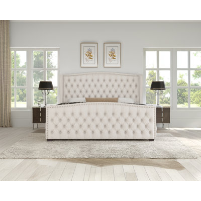 DuJuan Deep Button Tufted Upholstered King Bed with Nailhead Trim Wingback Headboard, Cream 