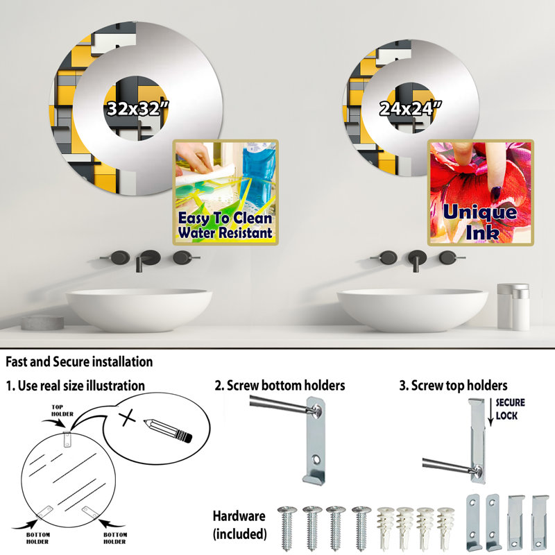 Harmonie de blocs géométriques jaunes et gris - miroir mural demi-cercle, 31,4 po x 31,4 po