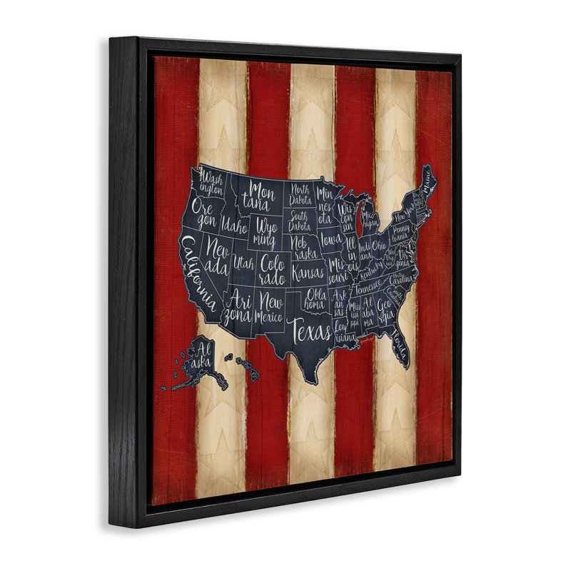 Carte des États-Unis avec rayures, Cadre flottant noir de jais, H 25 po x l 25 po