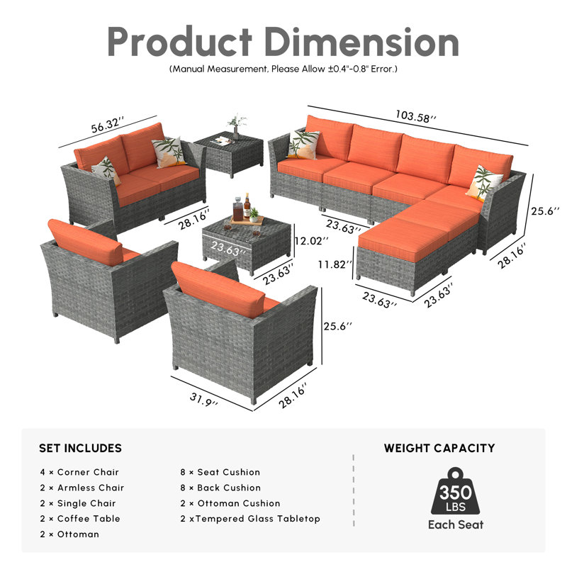 Koyno 10 - Person Patio Conversation Set with Cushions, Orange, No