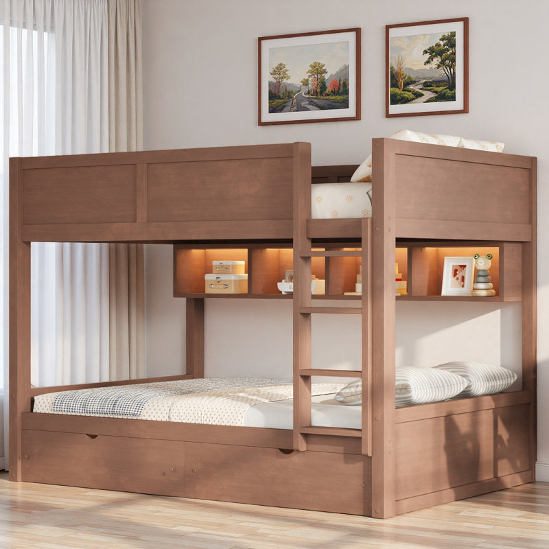 Bunk Bed With Storage Cabinets, Led Light And 2 Drawers, Brown