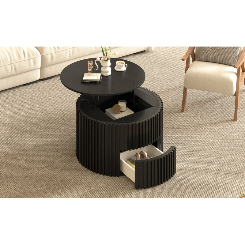 Table basse ronde à plateau relevable, table d'appoint moderne en bois cannelé avec rangement caché pour le salon, Noir