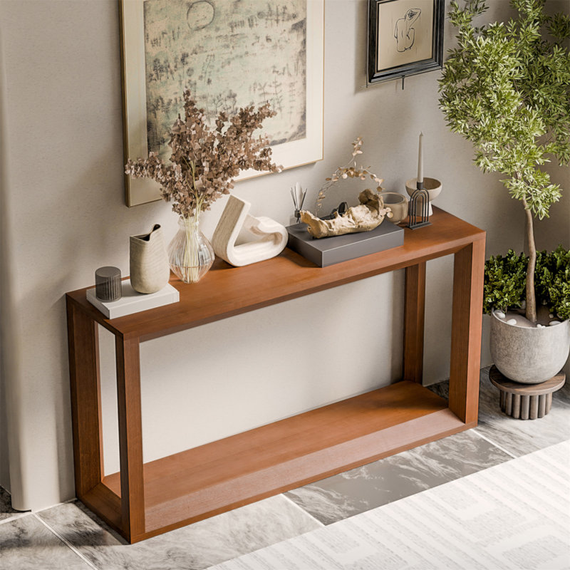 Console rectangulaire de 60 po en placage de bois massif, table de canapé large, table de canapé derrière avec amplement de rangement pour le vestibule et le salon