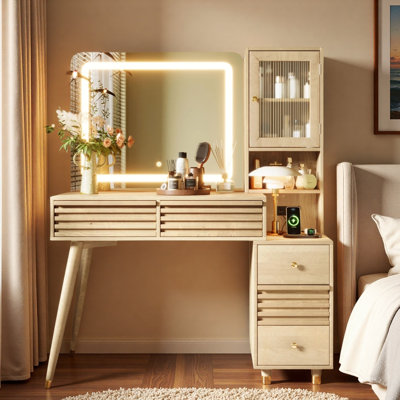 Bureau de maquillage avec miroir et lumières, 5 tiroirs, armoire de rangement en verre cannelé et prise de courant