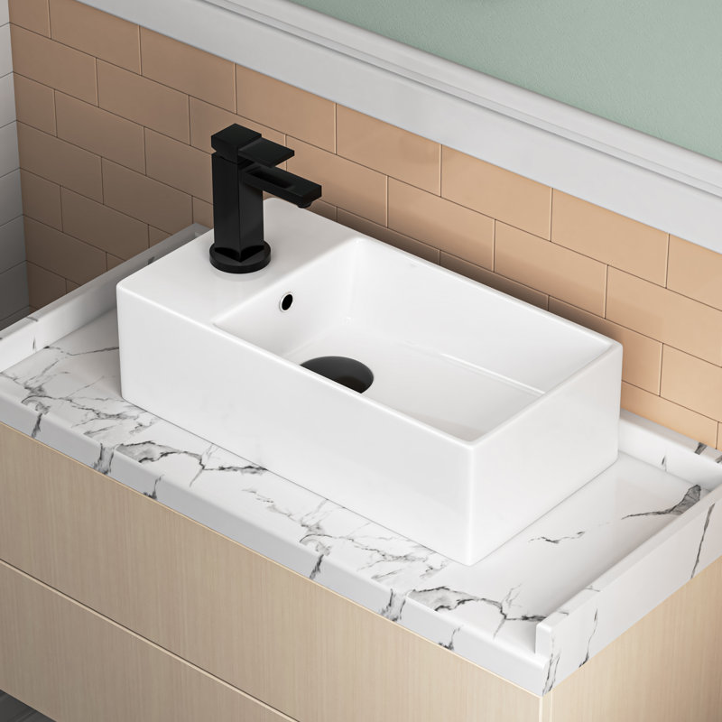 Vasque de salle de bain rectangulaire en porcelaine vitrifiée, 49,5 cm (L) x 25,4 cm (P), avec trou pour robinetterie.