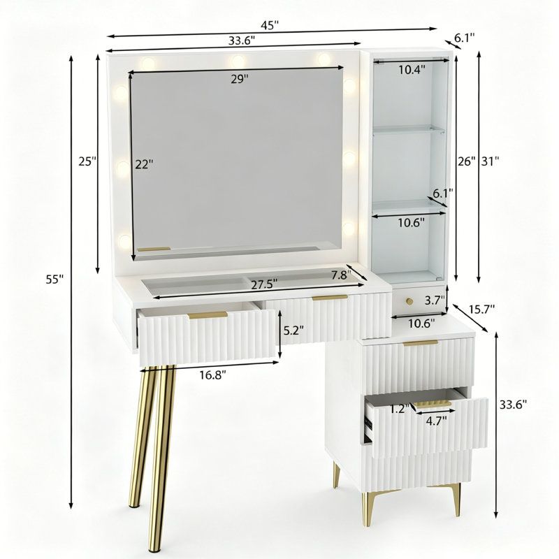 Wide Makeup Vanity , Makeup Desk With Mirror, Vanity Desk With 5 Drawers, Mirror Glass Top Vanity Table For Bedroom