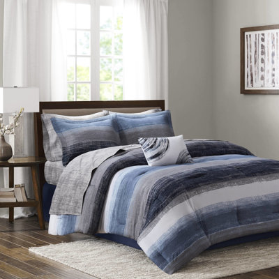 Édredon pour grand lit 9 pièces Draps en microfibre de coton rayé bleu marine à motif d'aquarelle