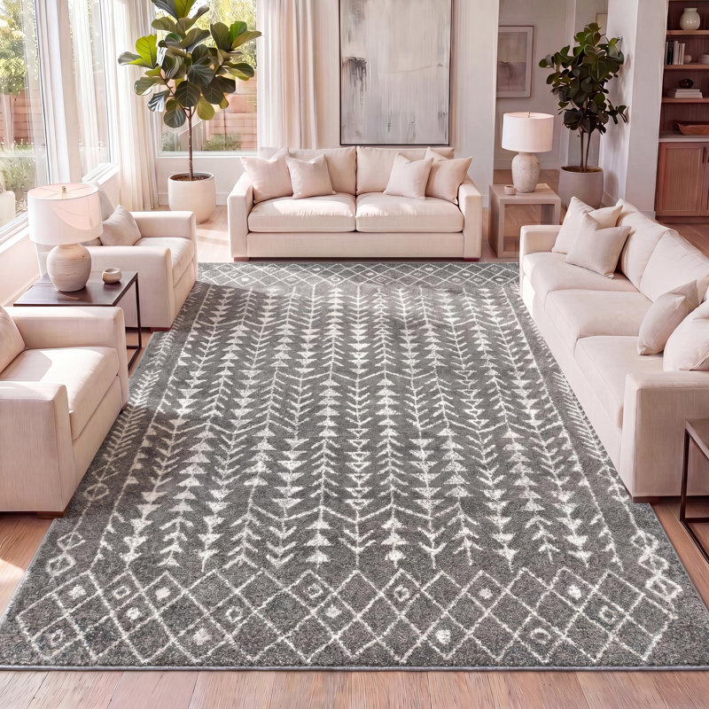 Ziri Moroccan Geometric Grey/Cream Rug, Rectangle 3' x 5'