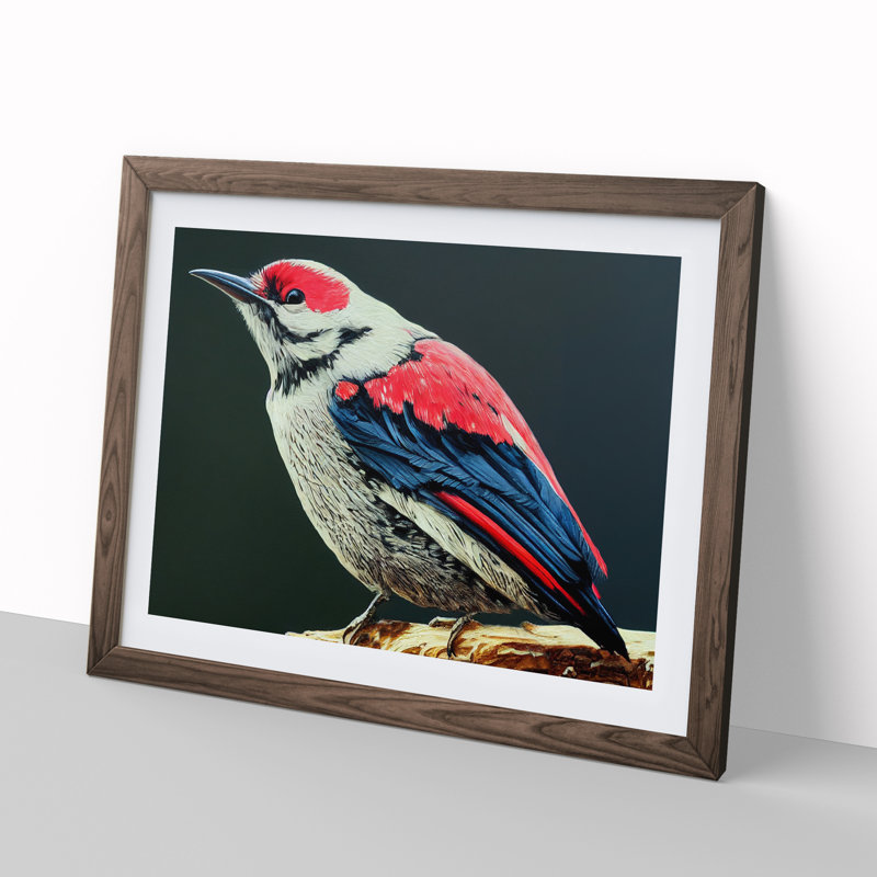Inspiring Woodpecker Bird 1 Piece Single Picture Frame Wall Art, 34cm H x 46cm W x 2cm D, Walnut
