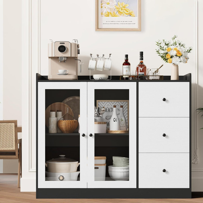 Armoire à café 43 po avec 3 tiroirs pour la cuisine, la chambre à coucher et le salon, Noir