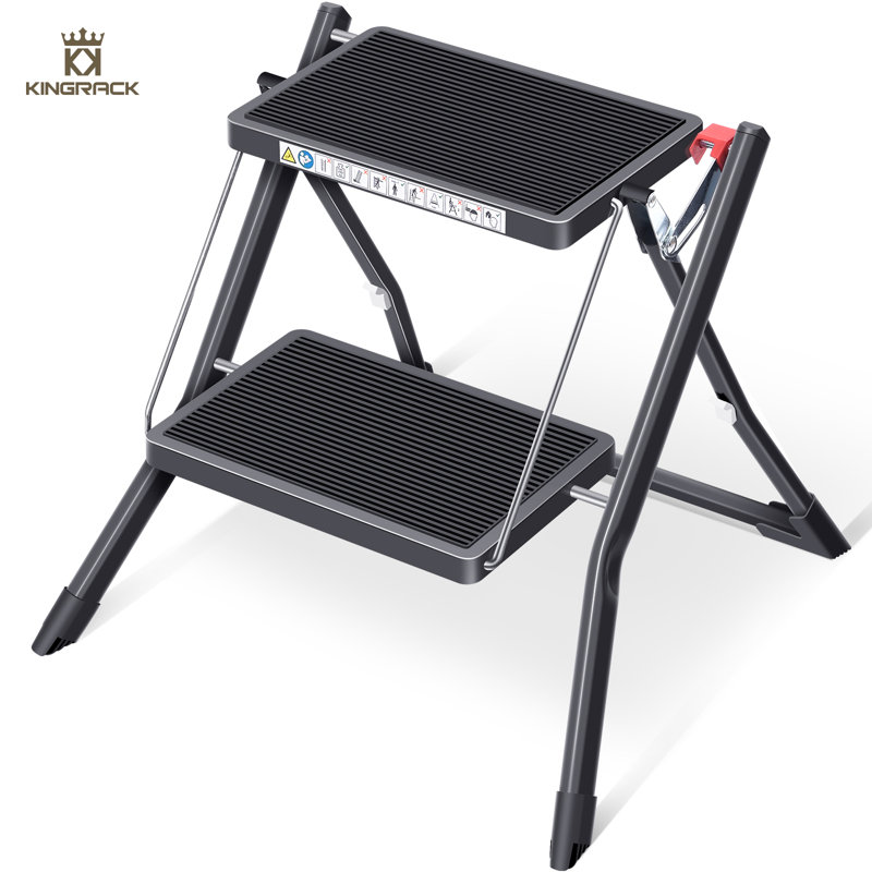 Step Ladder 2-Step 150kg Capacity, Folding Steel Ladder with Wide Anti-Slip Pedal, Sturdy Step Stool for Adults Toddlers