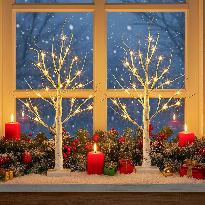 Décoration lumineuse en forme de bouleau, ensemble de 2 mini sapins artificiels blancs de 60 cm (2 pieds), à poser sur une table ou une cheminée. Fonctionne sur piles ou USB.