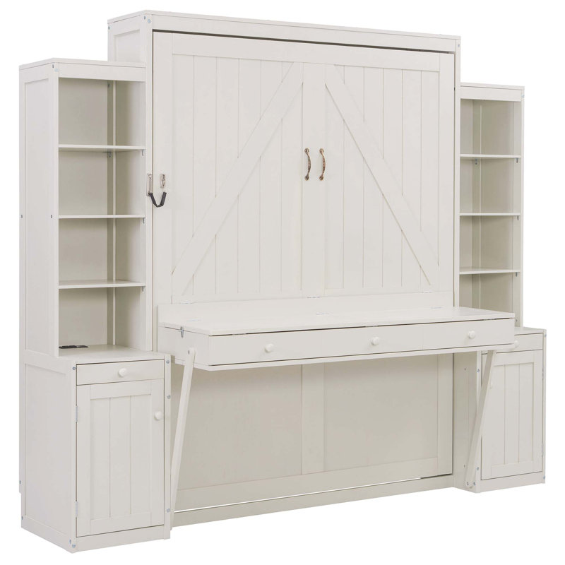 Lit escamotable tout-en-un peu encombrant avec bureau et rangement intégrés, Blanc