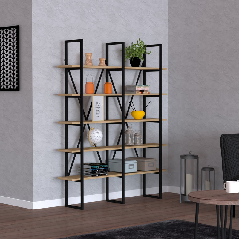 Bibliothèque moderne et industrielle, saphir et noir, 49,6 po x 63,0 po x 10,2 po | 100% panneau de particules enduit de mélamine et structure en métal, peinture séchée au four | Nombreuses tablettes murales, parfaites pour les solutions de rangement élégantes