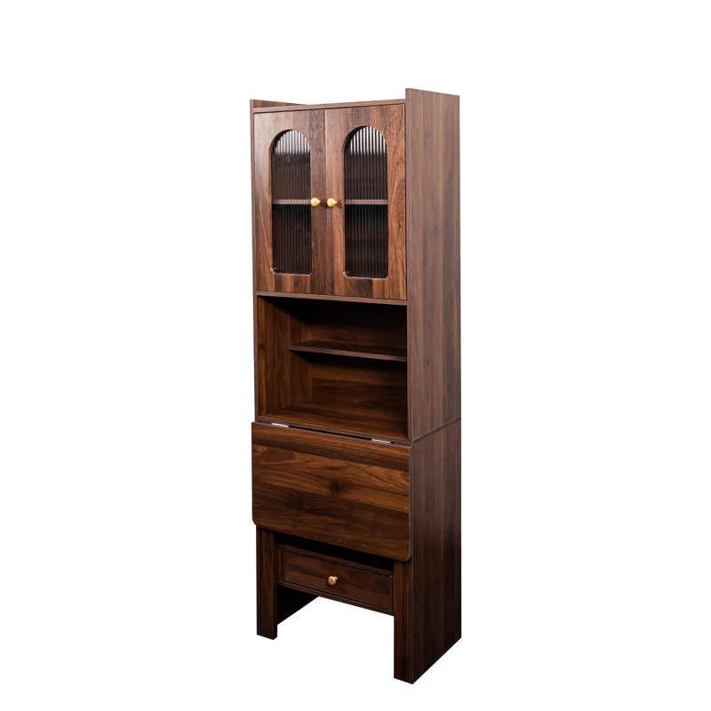 Fold-Out Work Desk In Walnut - Drawer And Shelf For Home Office Functionality Cabinet With Function Storage Inside