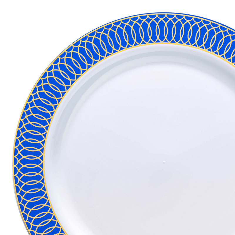 Assiettes en plastique blanches à bordure bleue en spirale dorée (10,25 po)