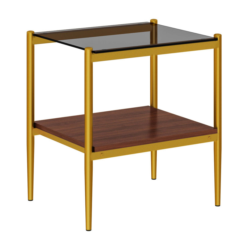 Set of 2 Rectangle End Table, Tempered Glass Tabletop with MDF layer, Glass, Gold, Gray