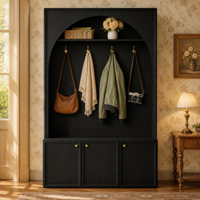 Lisson 48.7" Wide Entryway Hall Tree with Storage Cabinets, Adjustable Shelves, Coat Hooks and Bench, Mudroom Organizer with Anti-Tip Kit