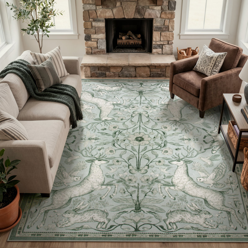 Goldene Goldene Morris Inspired Woodland Animal Washable Area Rug with Non-Slip Backing for Living Room, Bedroom and Kidsroom