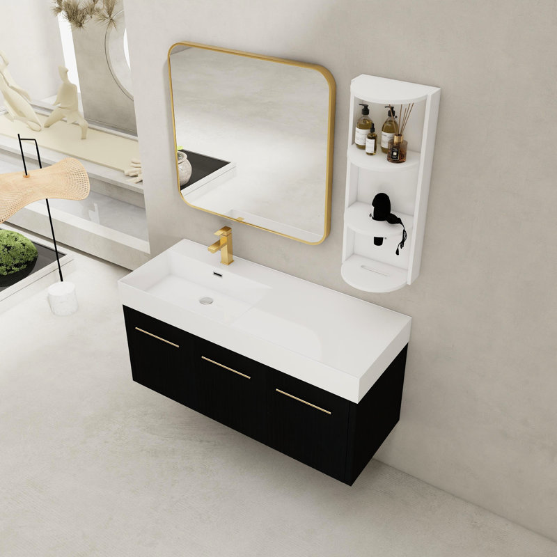 Armoire de salle de bain combinée avec meuble-lavabo de 48 pouces, lavabo en résine épaisse, support de rangement séparé et armoire principale en châtaignier noir, finition grattée, givré