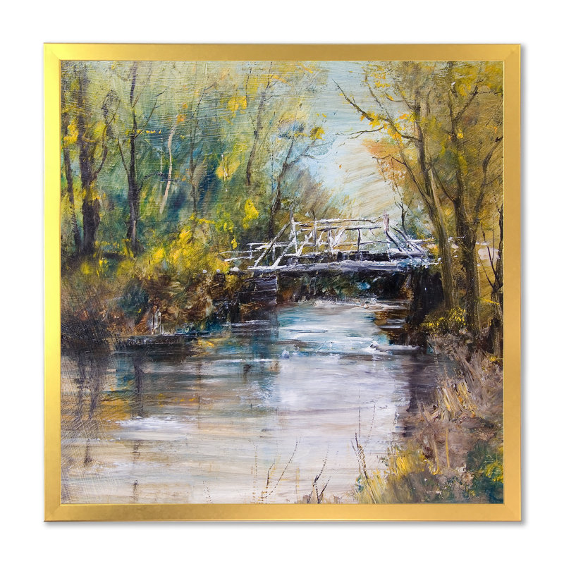 Pont blanc sur une rivière d'été - art mural traditionnel sur toile, H 30 po x l 30 po x P 1 po, Encadrement doré
