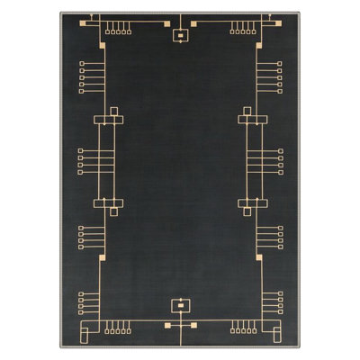Art Deco Geometric Border Machine Washable Black Indoor Area Rug with Non-Slip Backing