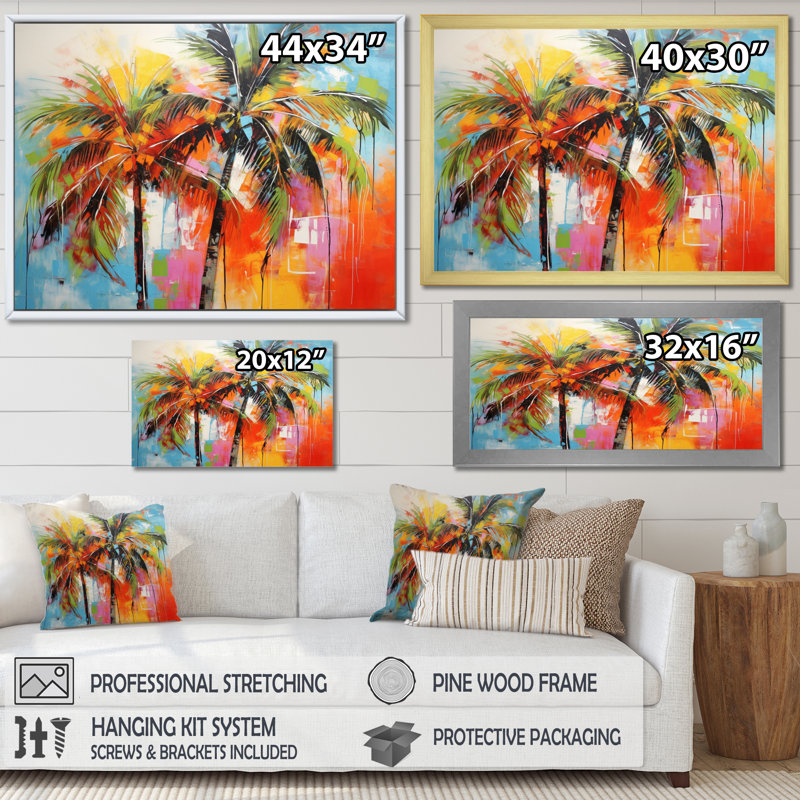 «Popart Palm Trees I», reproduction d'art sur toile Palm Trees, H 34 po x l 44 po x P 1,5 po, Cadre simple blanc