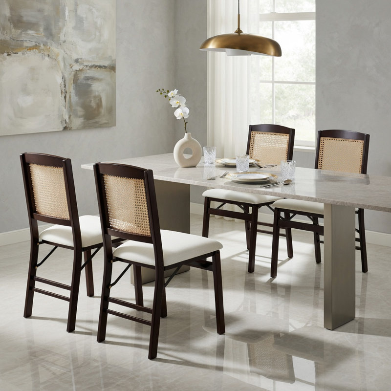  Ensemble de 2 chaises de salle à manger pliantes, structure en bois d'hévéa avec siège rembourré en lin et dossier en rotin tissé, conception peu encombrante pour la cuisine, la salle à manger et les petits espaces, café