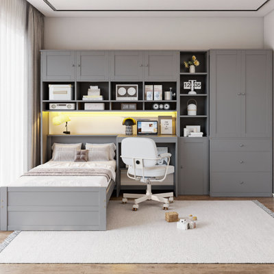 Lit mezzanine simple en bois avec bureau intégré, garde-robe, tablettes et tiroirs, éclairage à DEL intégré, meuble tout-en-un complet pour la chambre à coucher, conception peu encombrante