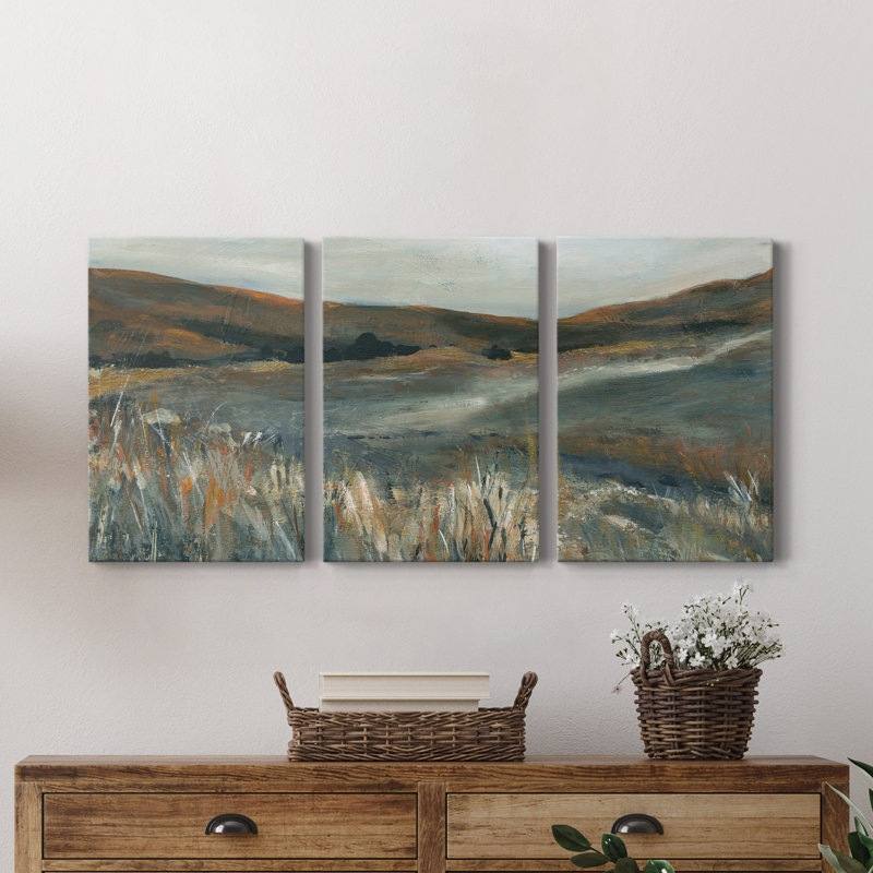 Cuivre coucher de soleil - 3 pièces sur toile tendue, H 48 po x l 96 po x P 1 po