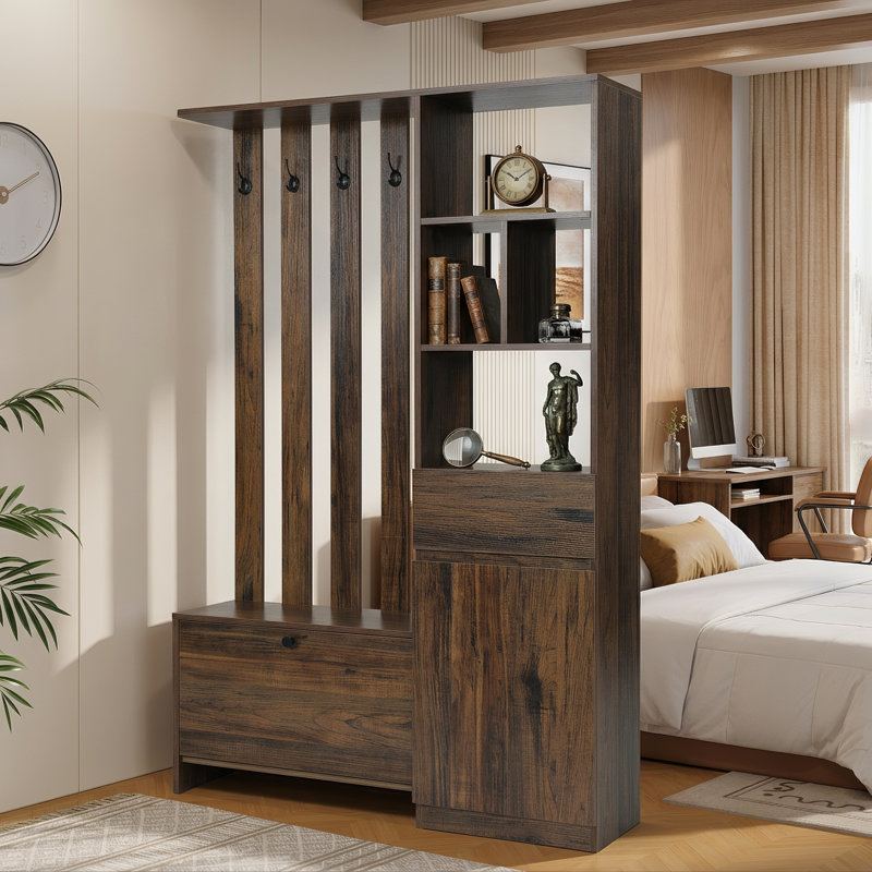 Paravent autoportant de 180 cm avec rangement pour chambre, salon et porte-manteau 5 en 1.