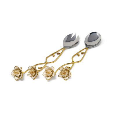 Gold Salad Server Set with Large White Enamel Flowers
