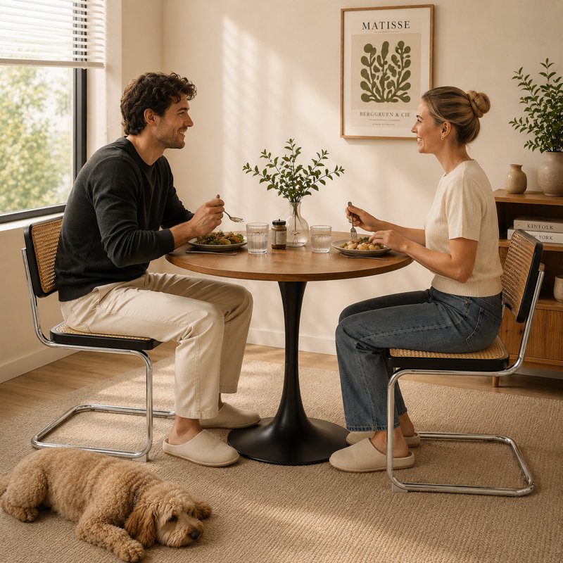 19.3" H Mid-Century Modern Cantilever Dining Chair with Cane Back and Seat, Metal Frame, Black, Black