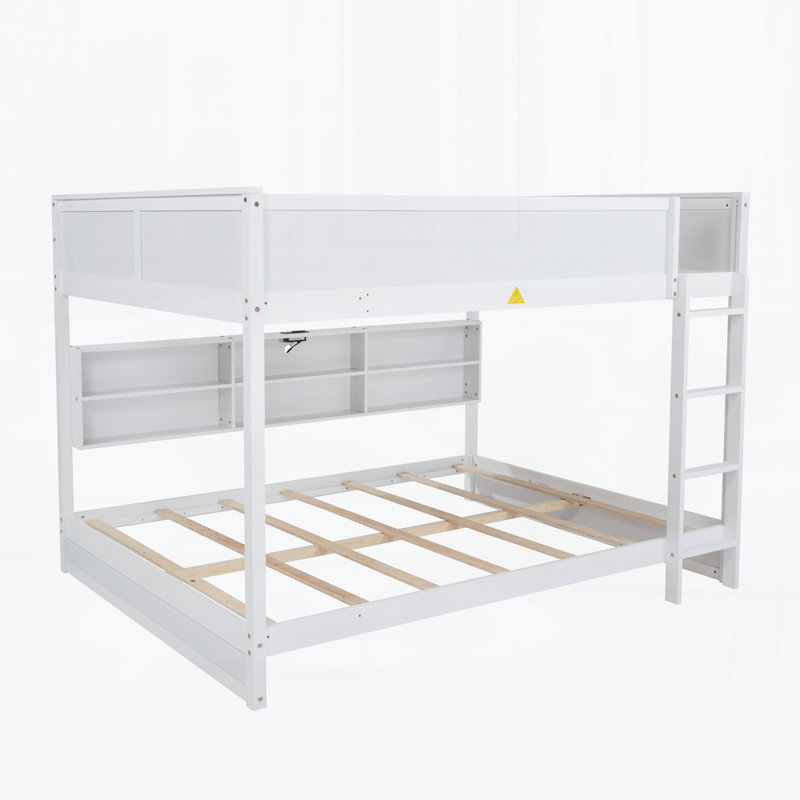 Queen Over Queen Bed With Built-In Storage Cabinets, White
